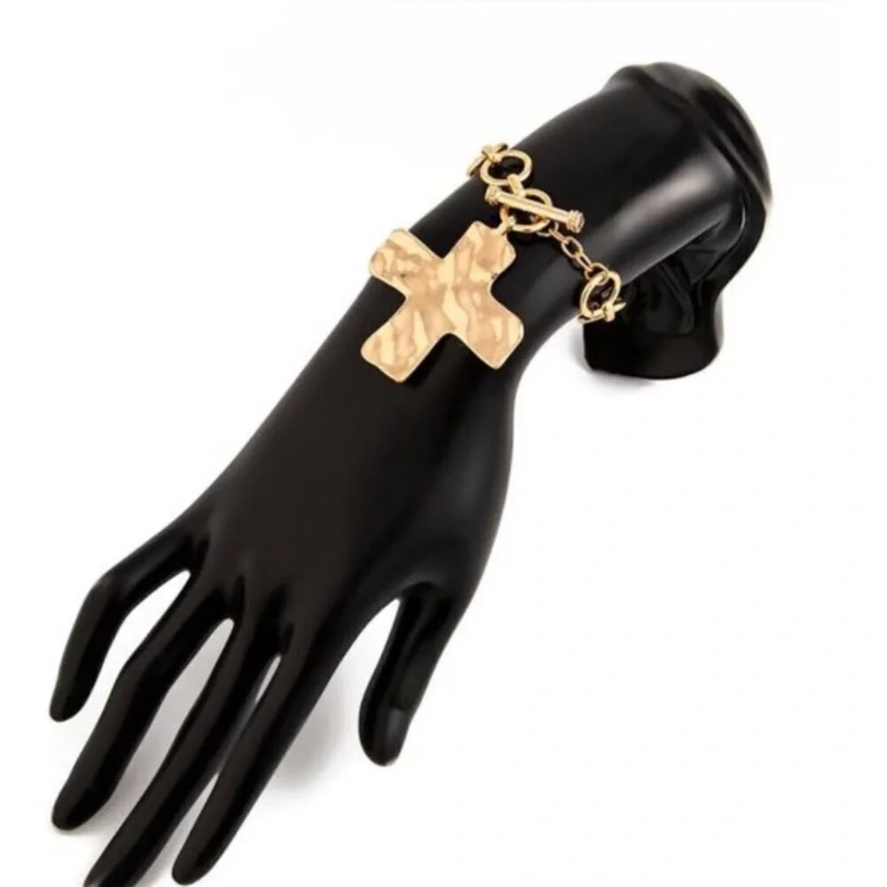 Chunky Big Hammered 24k Gold Plated Cross Bracelet Statement Faith Bracelet new